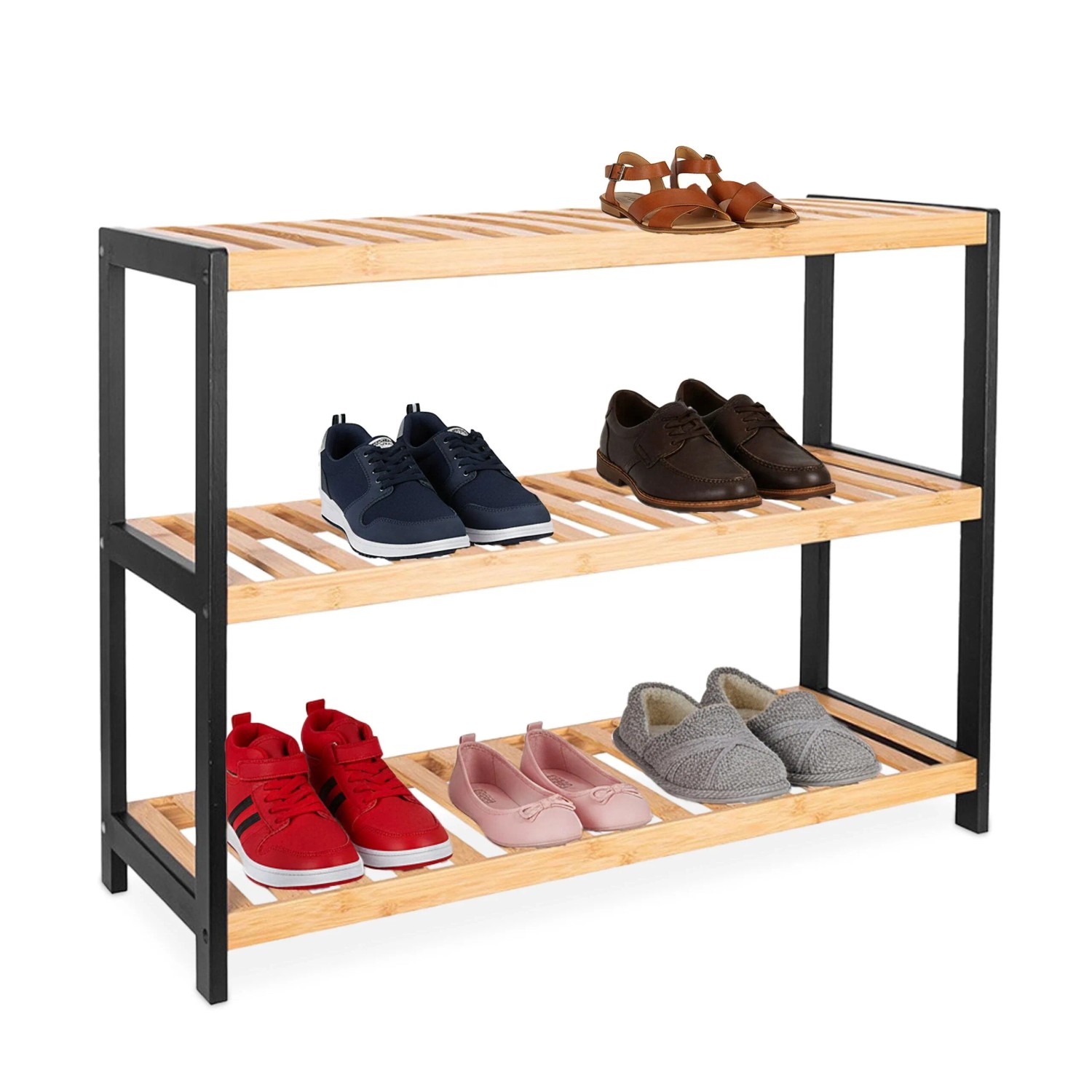 Relaxdays Schuhregal Bambus Natur Schwarz 3 Ablagen 55 cm x 70 cm x 26 cm 2,2 kg