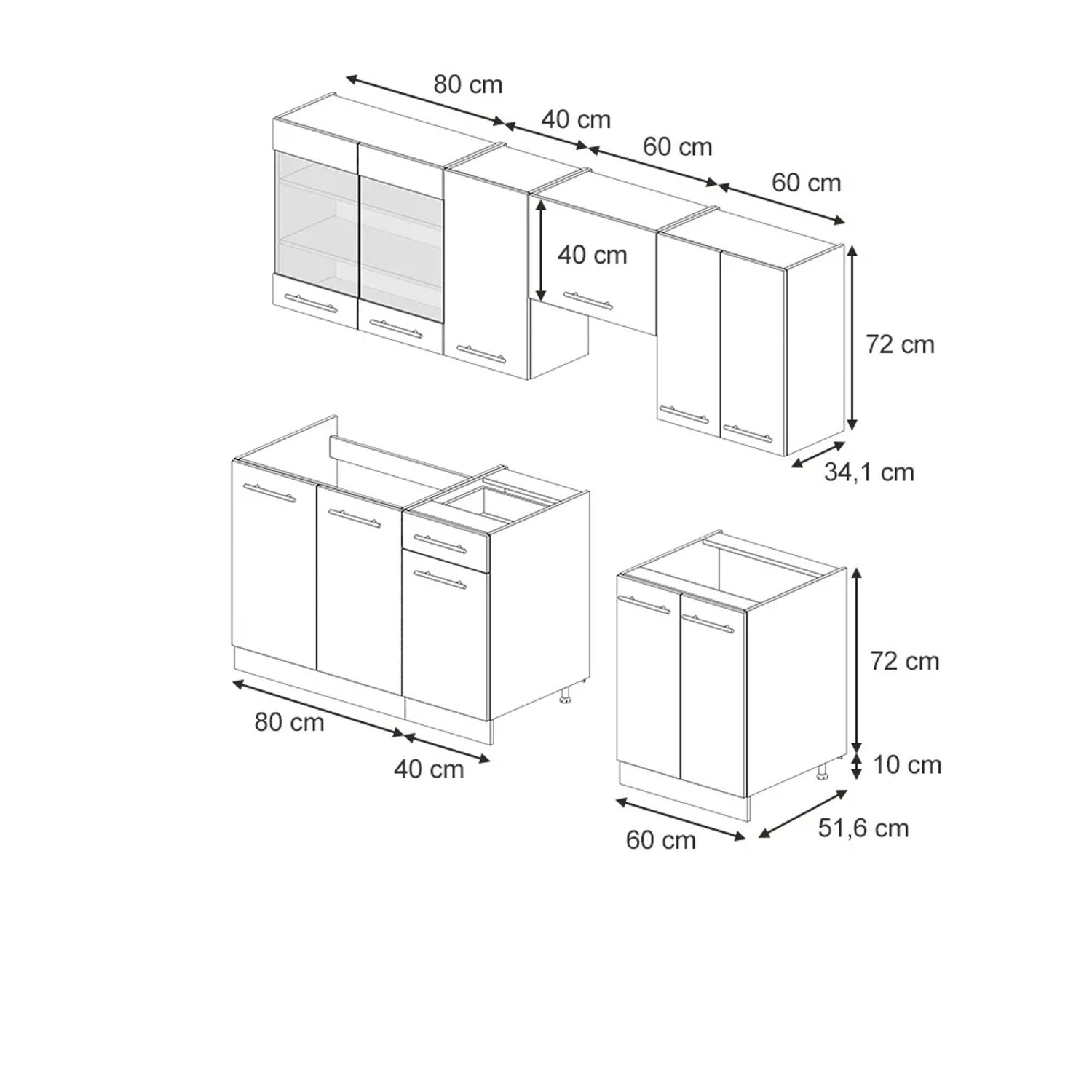 Skizze der Vicco Fame-Line Küchenschränke in Grün-Gold und Eiche, Maße der Küchenzeile sind eingezeichnet.