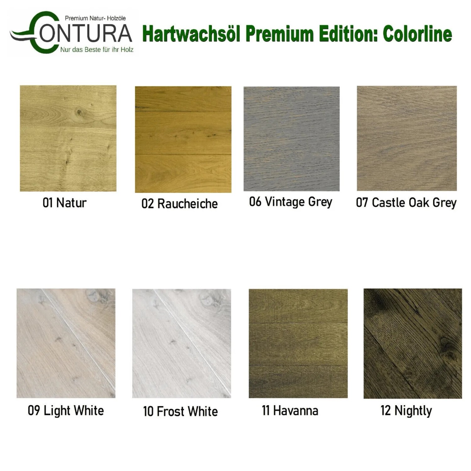 Contura Hartwachsöl Colorline: Farbpalette mit Holzfarbtönen von Natur bis Havanna.