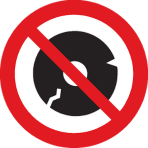 Symbol: Beschädigte Trennscheibe darf nicht verwendet werden. Roter Kreis mit Querbalken.