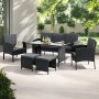Schwarze Juskys Polyrattan Gartenmöbel Sitzgruppe Turin mit Tisch, Bank, Stühlen und Hockern.