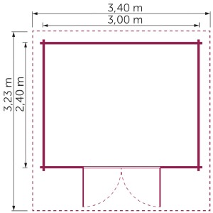 Grundriss Kiehn-Holz Gartenhaus KH 28-099, 300x240 cm, unbehandeltes Holz. Abmessungen und Türposition.