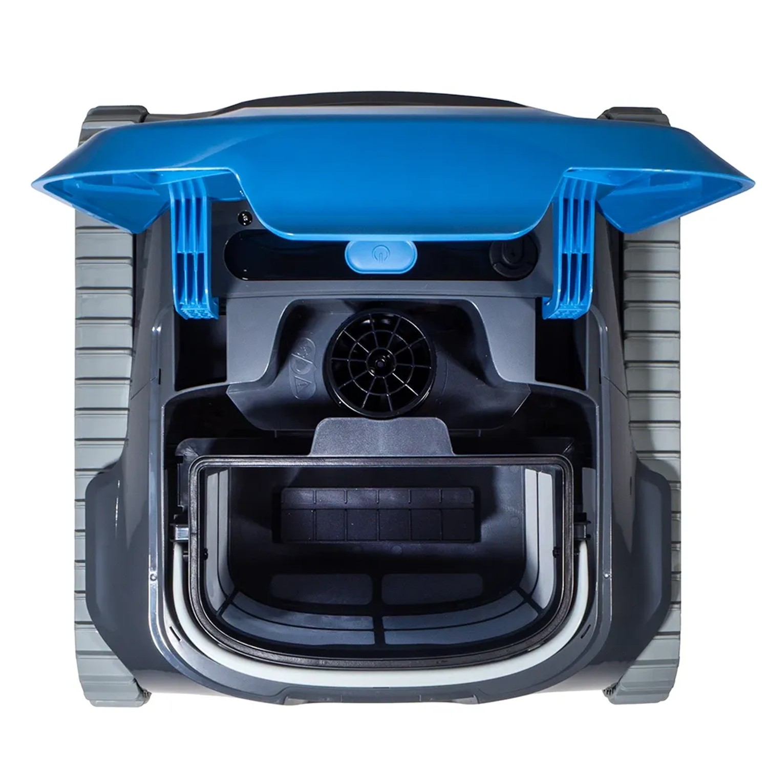 Aufsicht des Apoolco Akku Poolroboter Apex #1 mit geöffnetem Filterfach.