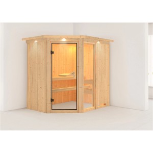 Karibu Sauna Freyja 1 mit LED-Dachkranz, Elementsauna aus Holz mit Glastür und Bänken.