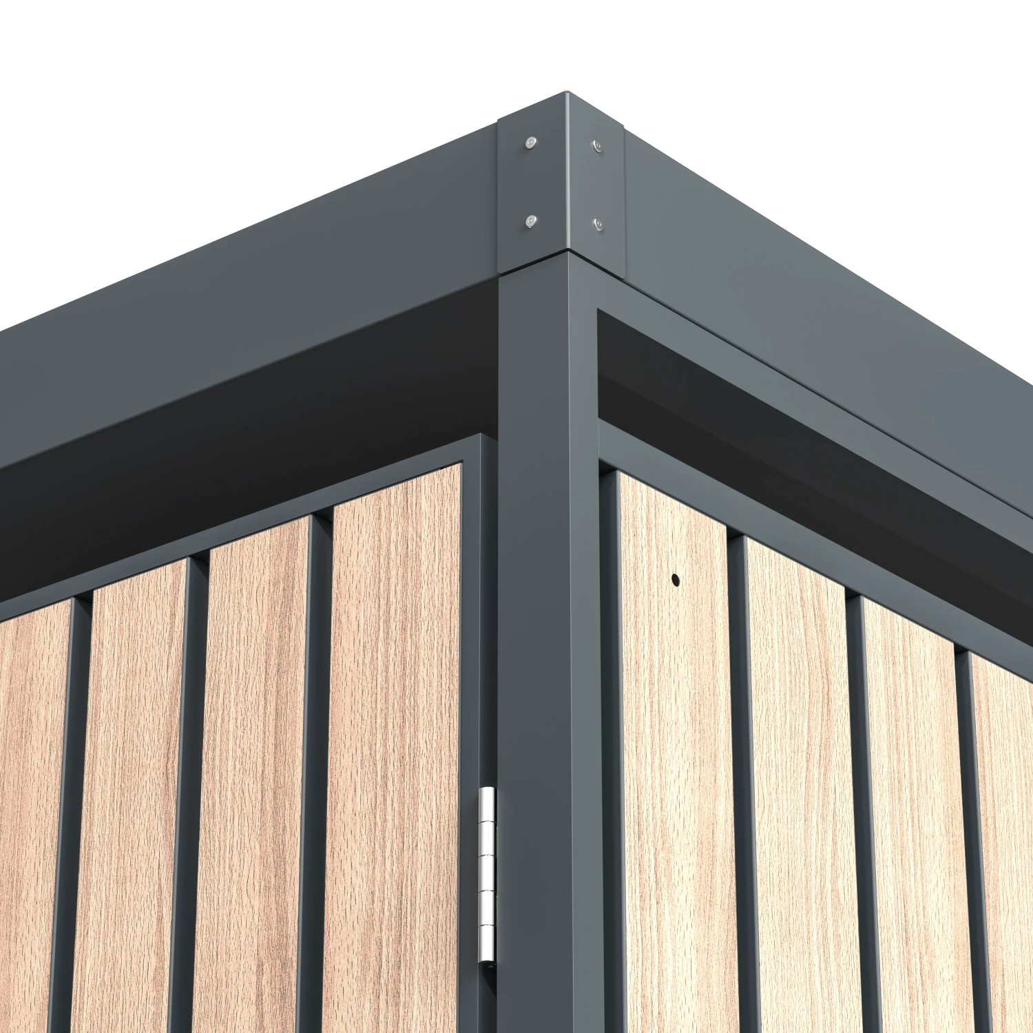 Detailansicht: Westmann Mülltonnenbox Planta, anthrazitfarbener Stahlrahmen mit Holzoptik-Füllung.