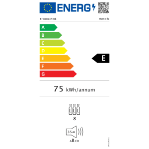 Energielabel für TroniTechnik Weinkühlschrank Marseille, Energieeffizienzklasse E, 75 kWh/Jahr, 8 Flaschen.