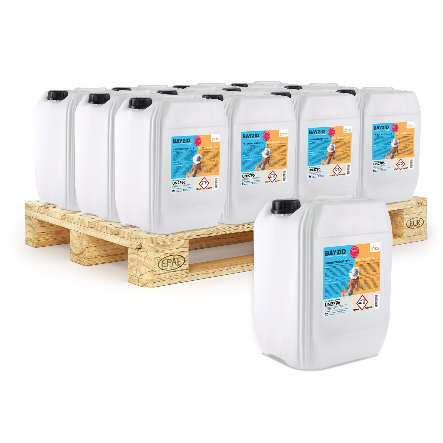 Palette mit Bayzid pH Minus Flüssig 14,9% Kanistern zur Pool PH Regulierung.