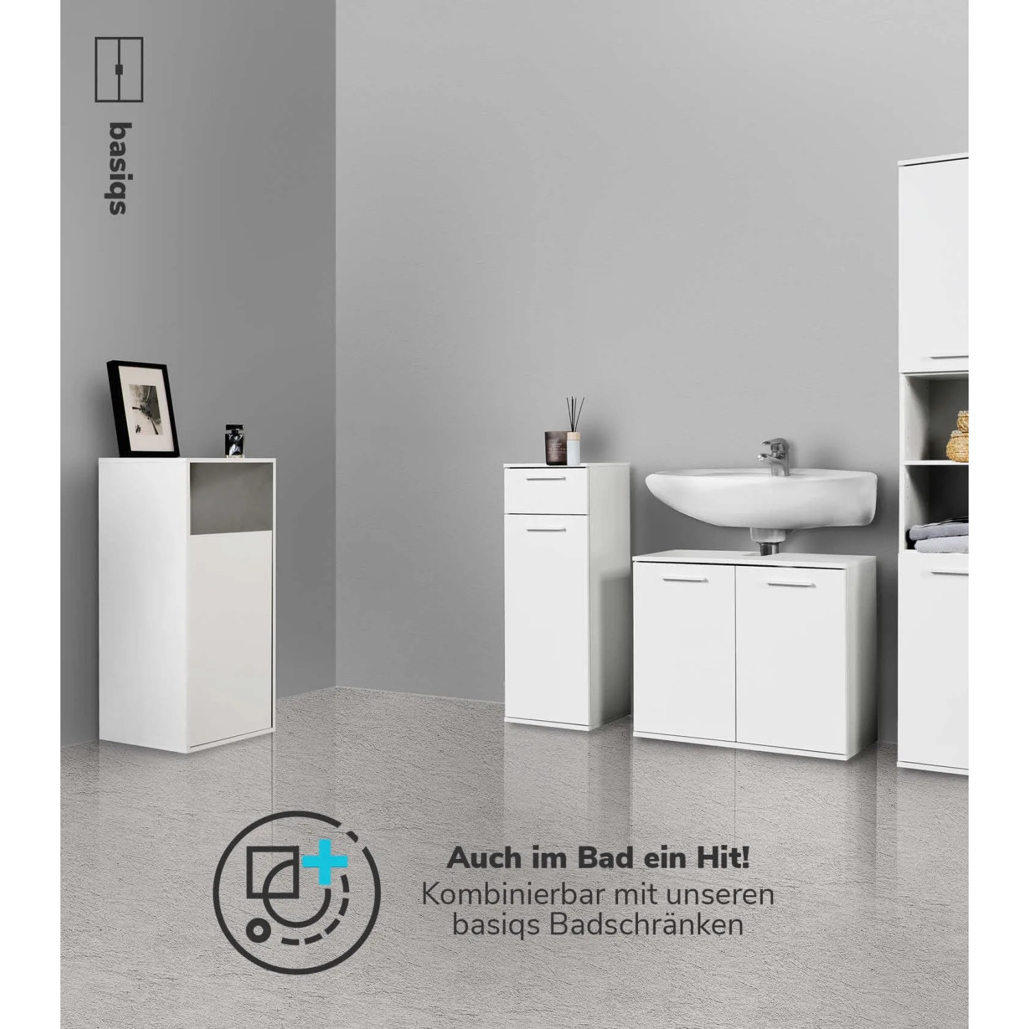 Mokebo Wäscheschrank in Weiß, Badregal mit einer Tür für Wäsche, Teil einer Badezimmer-Möbelserie.