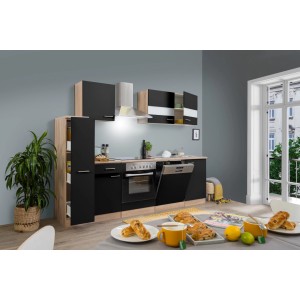 Respekta Küchenzeile KB250ESSC, 250 cm, Schwarz-Eiche Glänzend mit E-Geräten.