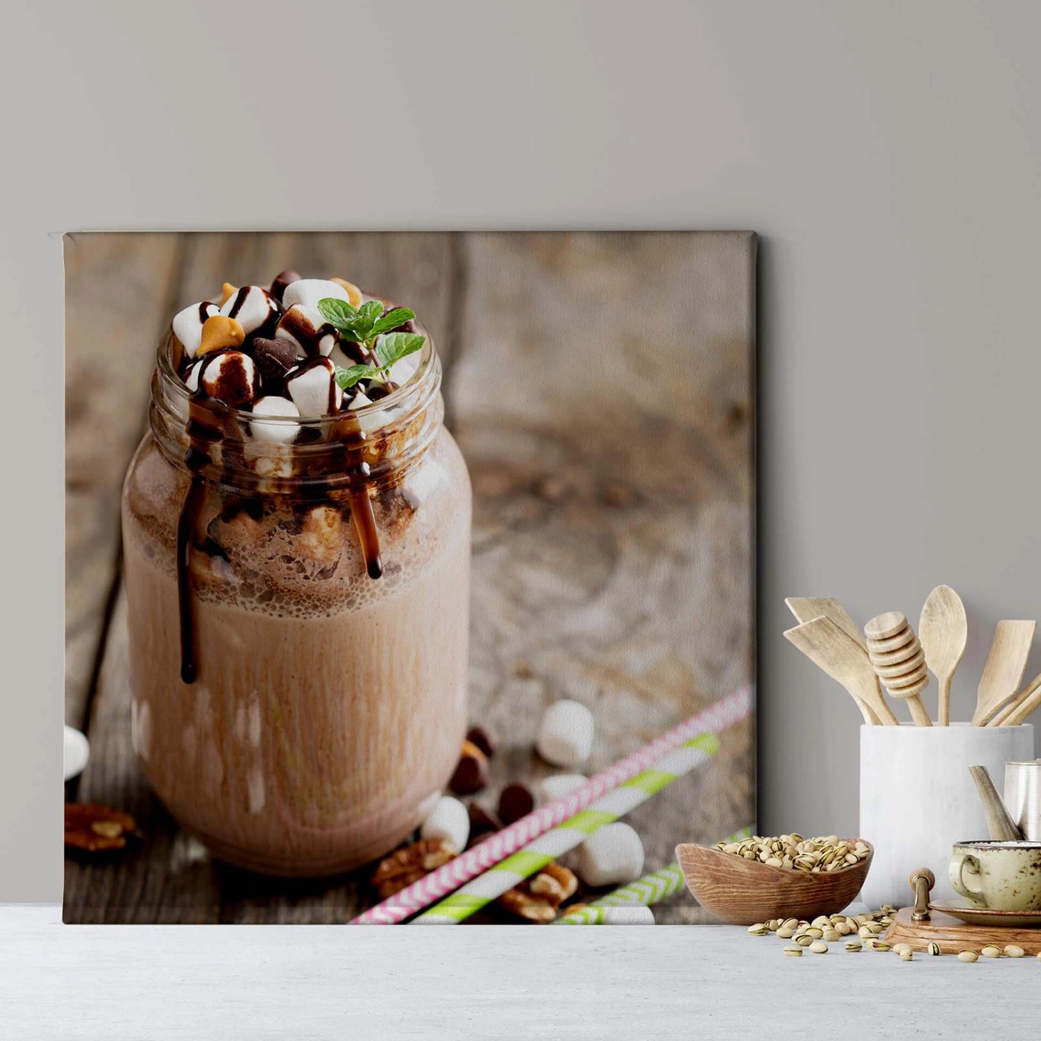 Bricoflor Leinwand Bild Mit Süßigkeiten Café Wandbild Mit Milkshake In Beig günstig online kaufen