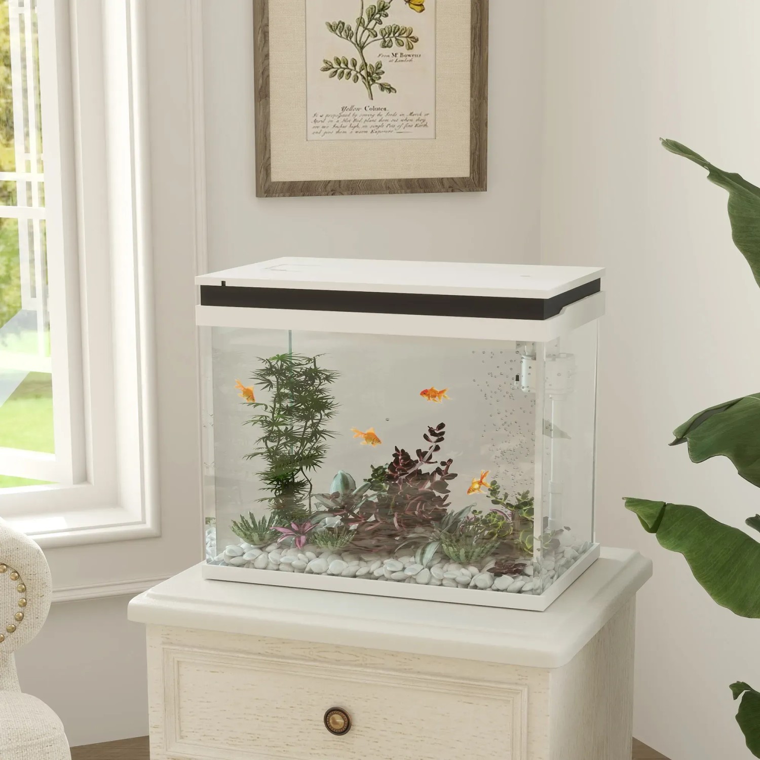 PawHut Aquarium mit Filtersystem, Glas, ABS, weiß, 48L x 30B x 41H cm, mit Fischen und Pflanzen.