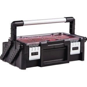 Keter Werkzeugbox Cantilever, 45,8 cm breit, mit Tragegriff und transparentem Deckel.