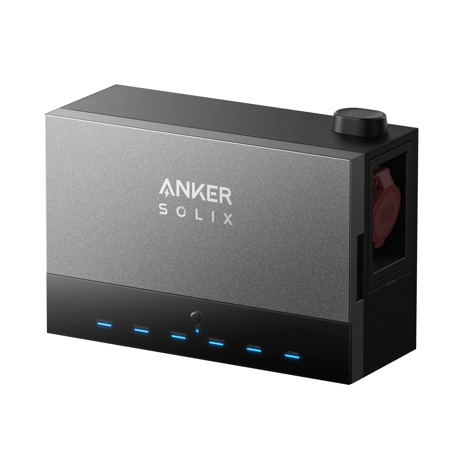 Anker Solix Power Dock für Balkonkraftwerke, graues Gehäuse mit Anschlüssen und LED-Anzeige.
