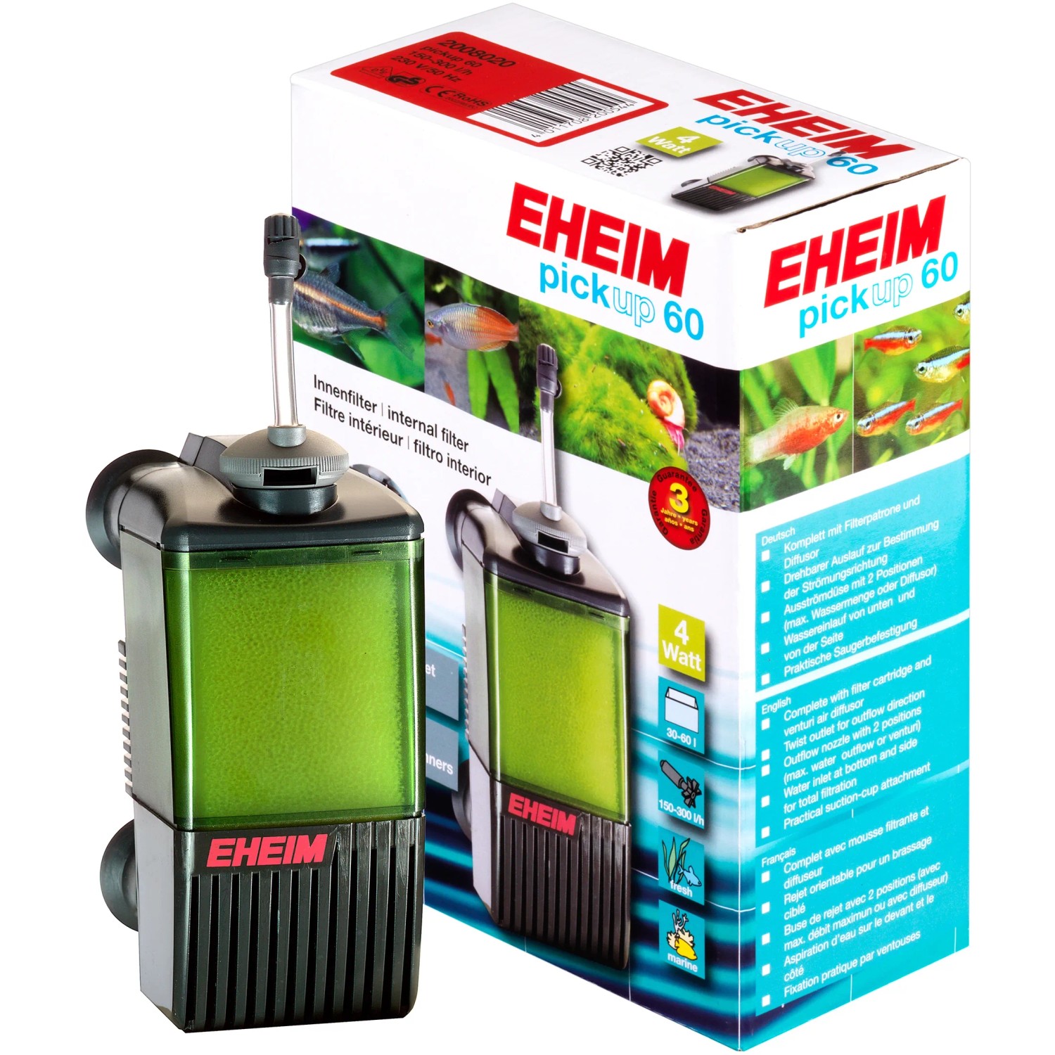 Eheim Innenfilter Pickup 60 für Aquarien, mit Filtermaterial und Ausströmdüse.