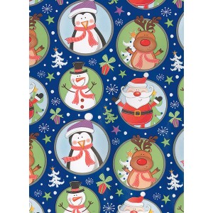 Geschenkpapier Weihnachten mit Weihnachtsmann, Schneemann, Rentier und Pinguin Motiven.