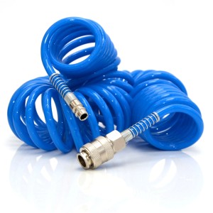 Blauer 7.5 m eyepower Druckluftschlauch (1/4 Zoll) mit Spirale und Schnellkupplung für Kompressoren.
