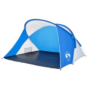 Azurblaues Pop-Up Strandzelt von Furnicato, offen, mit weißem Dach und dunklem Boden. Schneller Aufbau, Schattenspender für Strand.