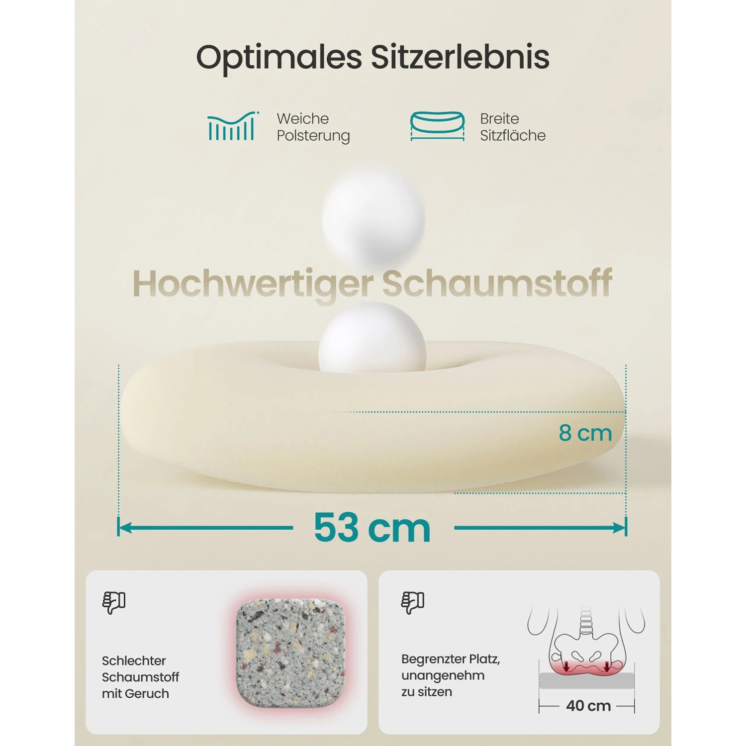 Detailaufnahme Sitzkissen mit Maßen 53x8cm, Vergleich zu minderwertigem Schaumstoff. Songmics Bürostuhl Zubehör.