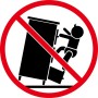 Symbol: Kippgefahr Waschbeckenunterschrank. Kind klettert, Schrank kippt. Wandbefestigung nutzen!