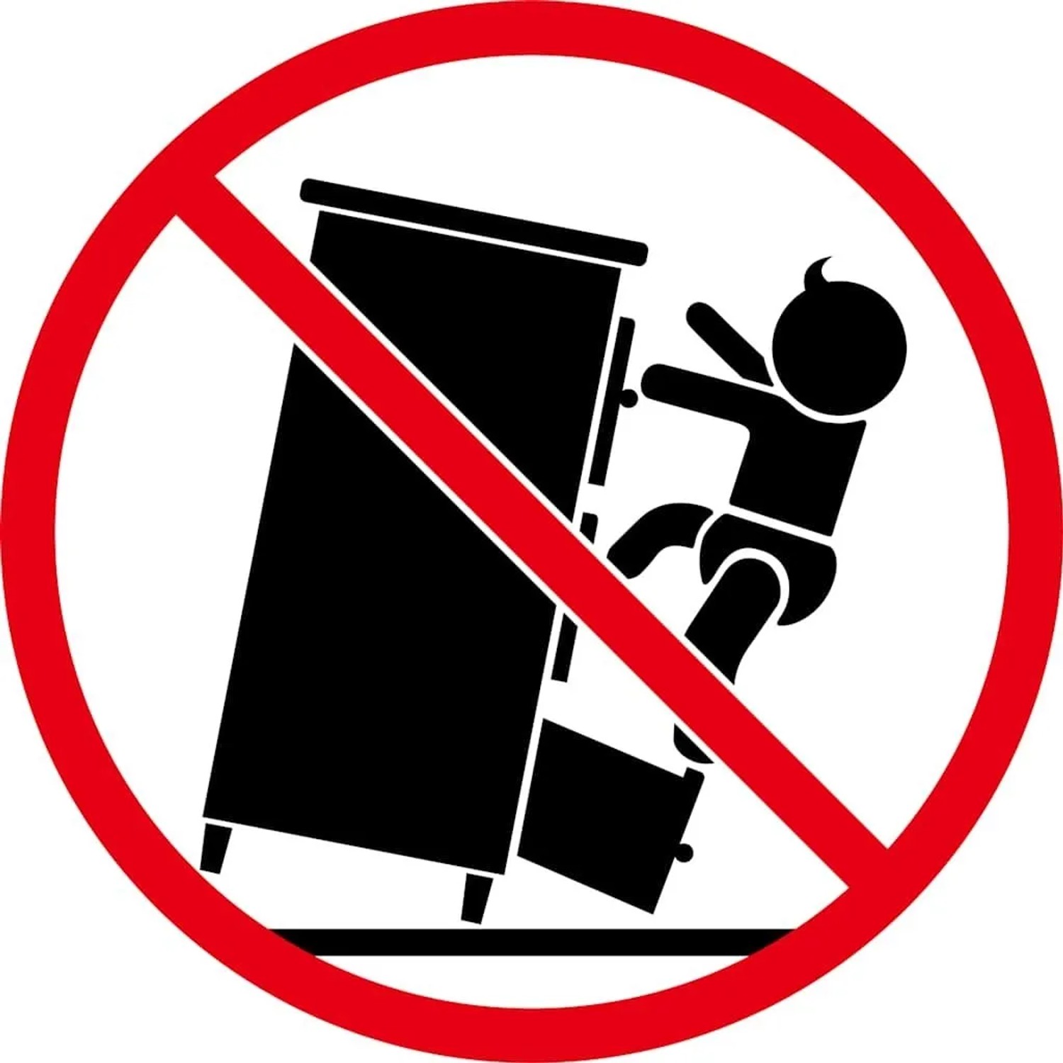 Symbol: Kippgefahr Waschbeckenunterschrank. Kind klettert, Schrank kippt. Wandbefestigung nutzen!