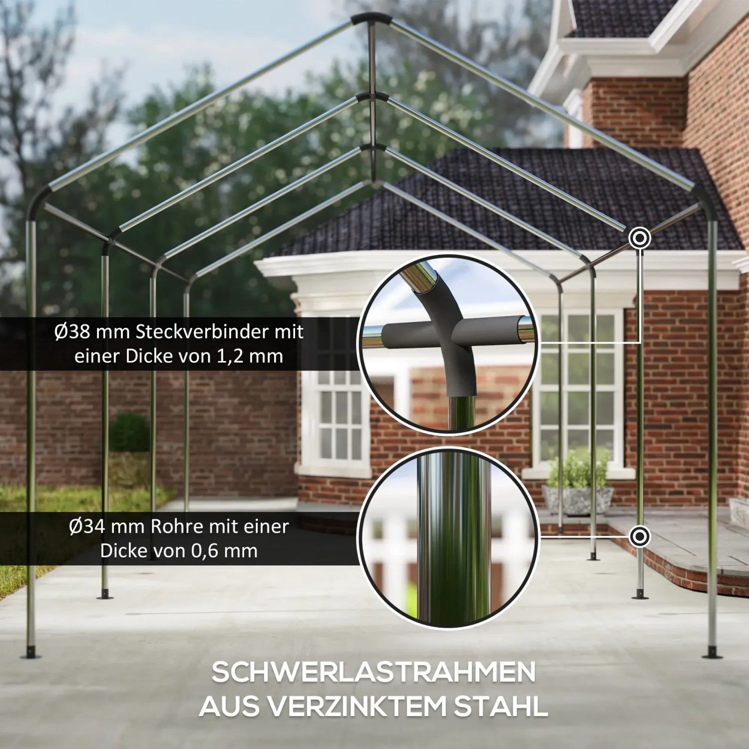 Outsunny Carport Stahlrahmen Detail: Stahlrohre und Steckverbinder Nahaufnahme.