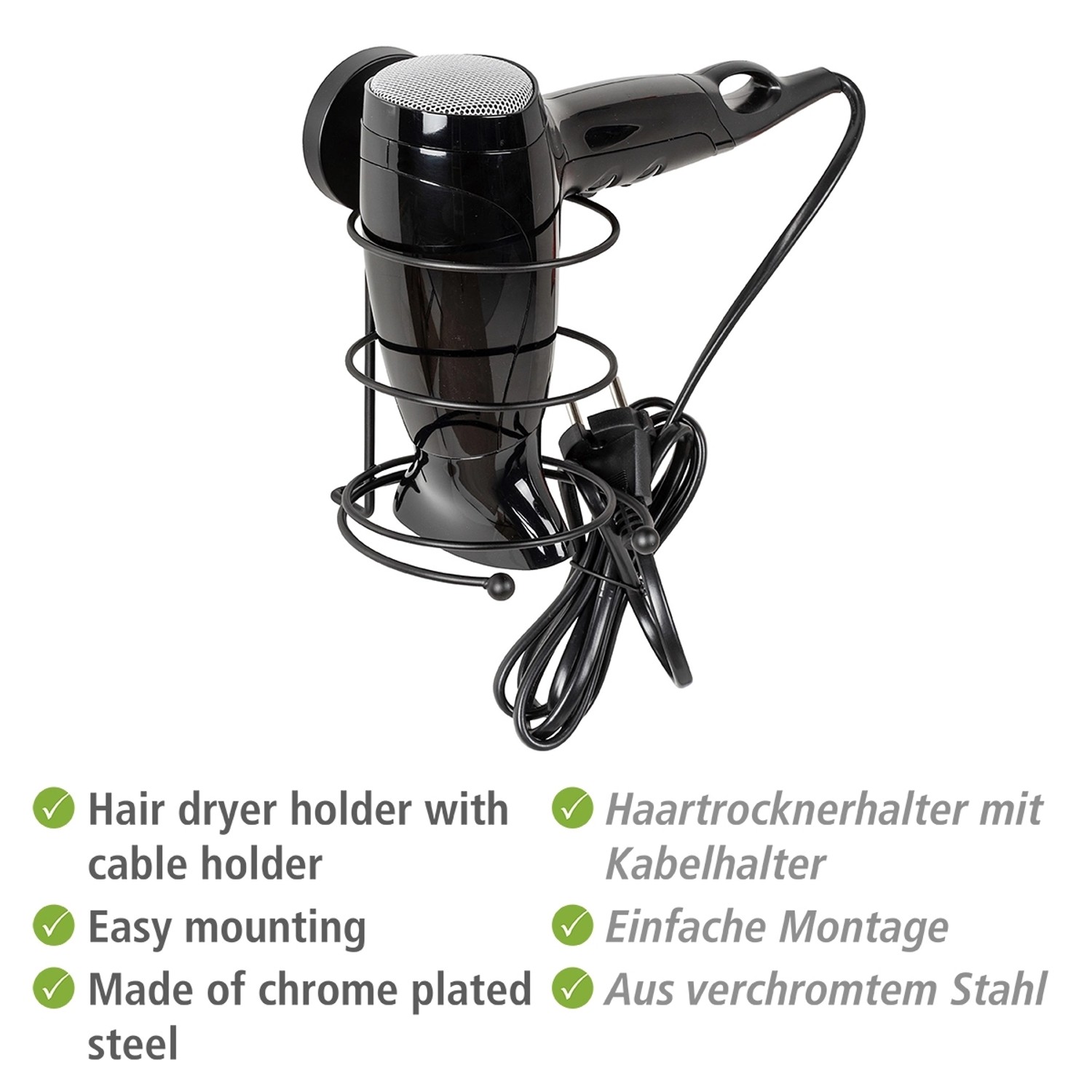 Wenko Haartrocknerhalter Milazzo Vacuum-Loc Schwarz mit Fön und Kabelhalter.
