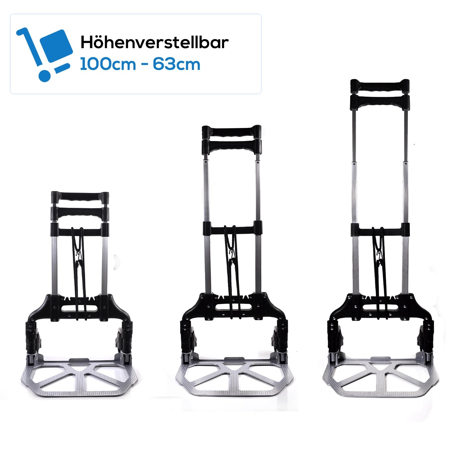Tronitechnik Sackkarre, klappbar und höhenverstellbar, in drei verschiedenen Höhen.