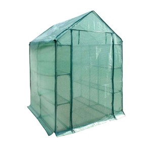 Grünes KARAT Gewächshaus Biotopia mit Regalböden, Satteldach für Pflanzen.