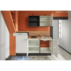 Weiße pino Küchenzeile 180 cm mit Spüle, Kochfeld und Geräteschrank. Hängeschränke und Arbeitsplatte in Holzoptik.