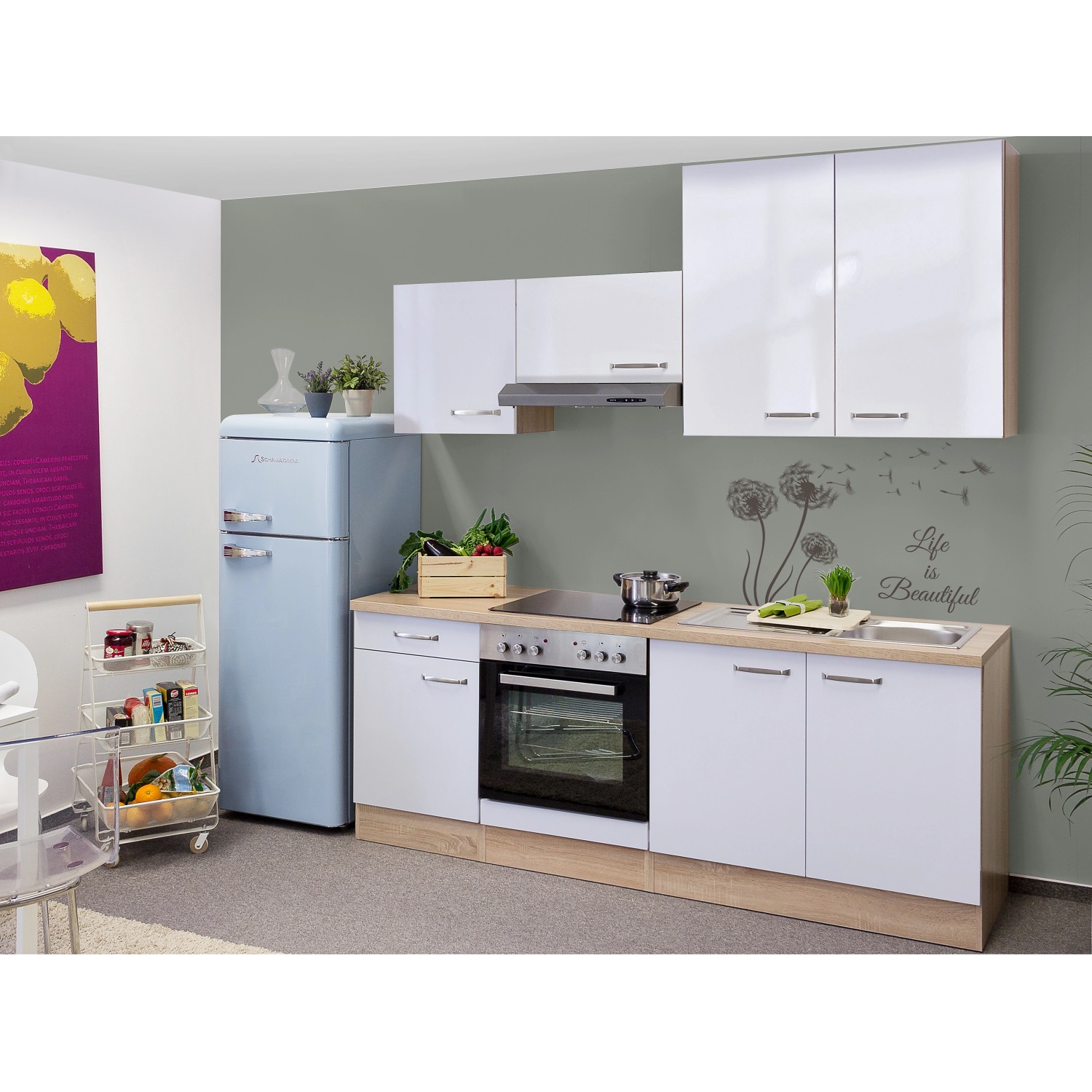 Flex-Well Exclusiv Küchenzeile/Küchenblock Valero 210 cm Hochglanz Weiß-Sonoma Eiche