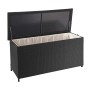 Schwarze MCW Poly-Rattan Kissenbox 320l Premium, offener Deckel, Innenbezug sichtbar.