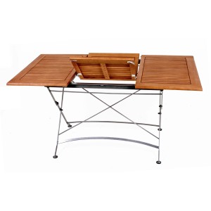 Ausgezogener Gartentisch aus Holz mit Stahlgestell, Teil des 5-teiligen Gartenmöbel-Sets Wien von Garden Pleasure.