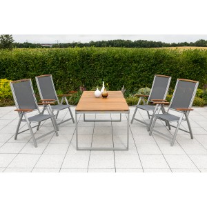 Merxx Siena Gartenmöbel-Set: Ausziehbarer Tisch und 4 Klappsessel mit Akazienholz-Armlehnen.