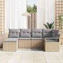 Beiges 6-teiliges Garten-Sofa-Set aus Polyrattan von vidaXL. Modulares Lounge-Set mit grauen Kissen für Terrasse und Garten.
