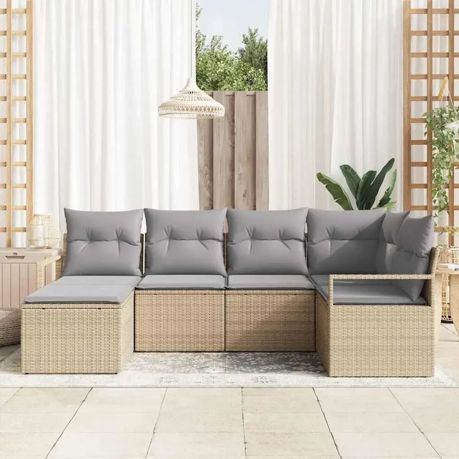 Beiges 6-teiliges Garten-Sofa-Set aus Polyrattan von vidaXL. Modulares Lounge-Set mit grauen Kissen für Terrasse und Garten.