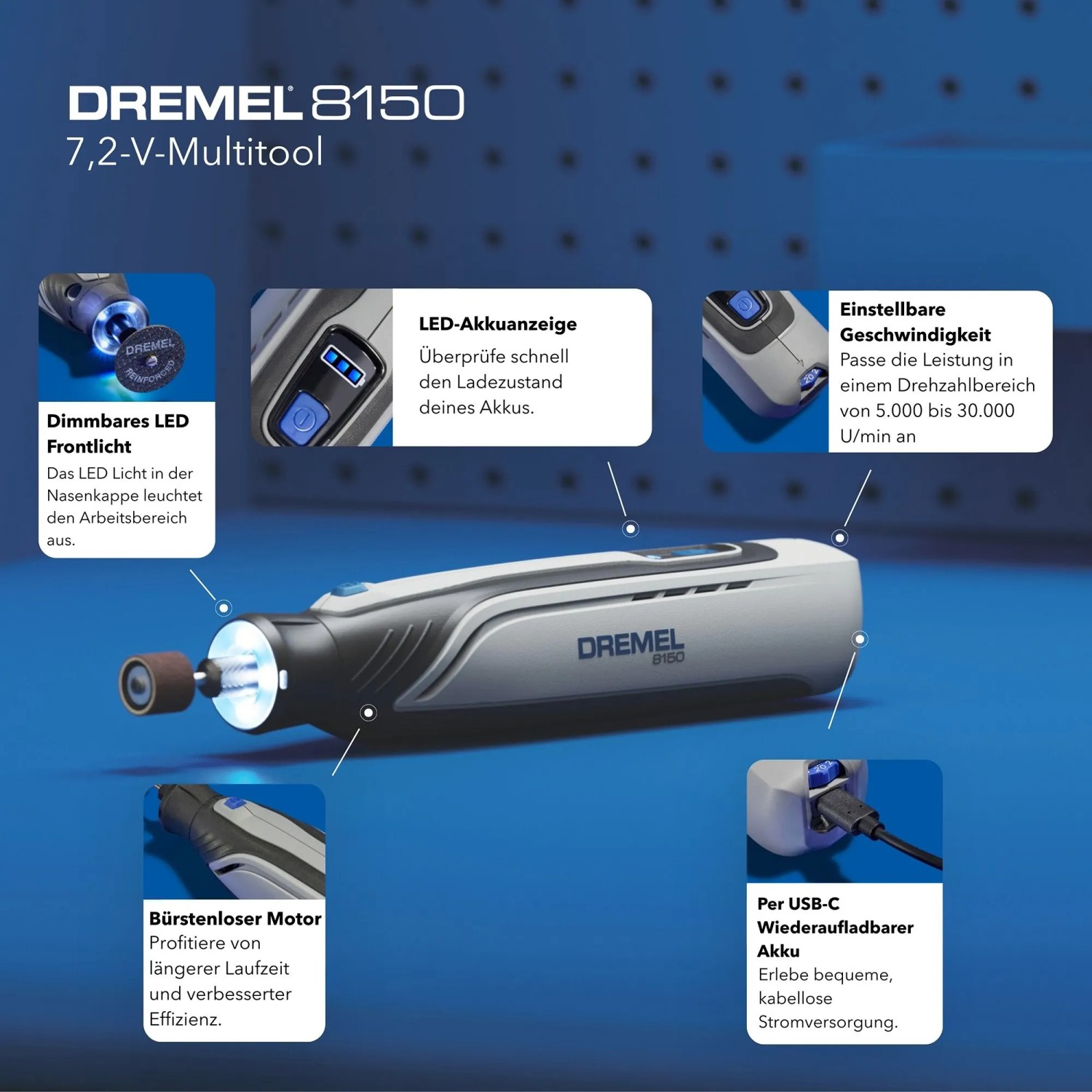 Dremel 8150-20 Akku-Multifunktionswerkzeug mit Zubehör, Nahaufnahme.