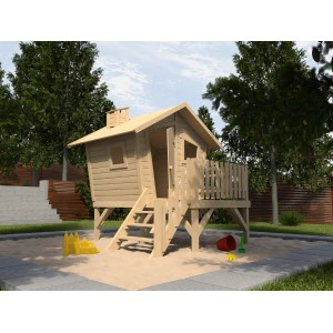 Tabaluga Abenteuerhaus Lotti: Holz-Spielhaus mit Treppe, Terrasse und Podest im Garten.