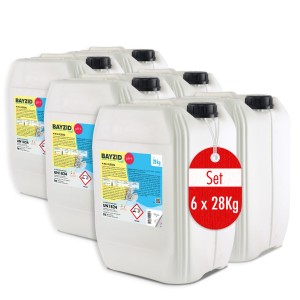 Set aus 6 Kanistern Bayzid pH Plus Flüssig, je 28kg, zur pH-Regulierung im Pool.