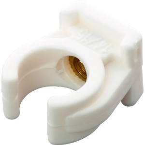Weißer Rohrclip Ø 15 mm aus Kunststoff mit Gewindehülse, geeignet zur Rohrbefestigung.