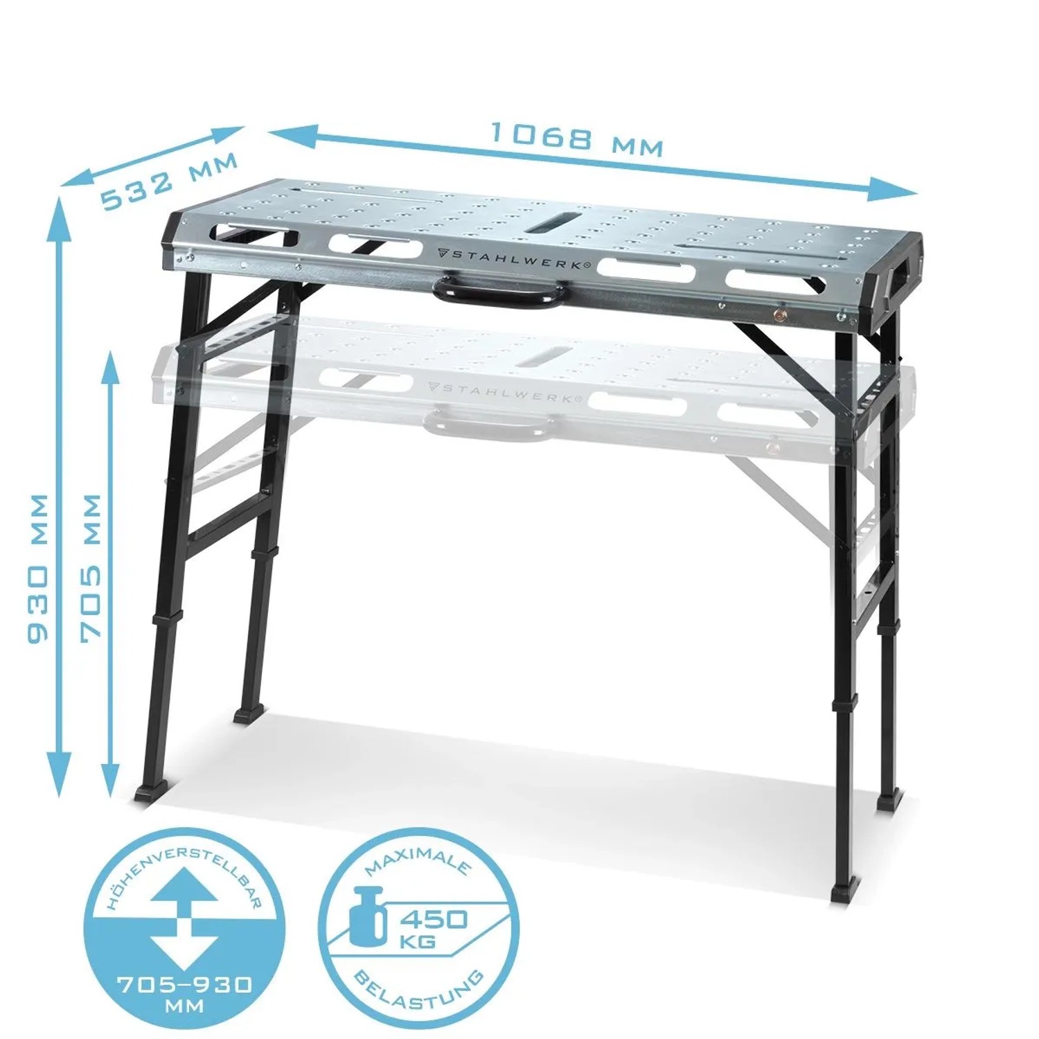 STAHLWERK mobiler Schweißtisch, höhenverstellbar 705-930mm, 1068x532mm Arbeitsfläche, 450kg Tragkraft.