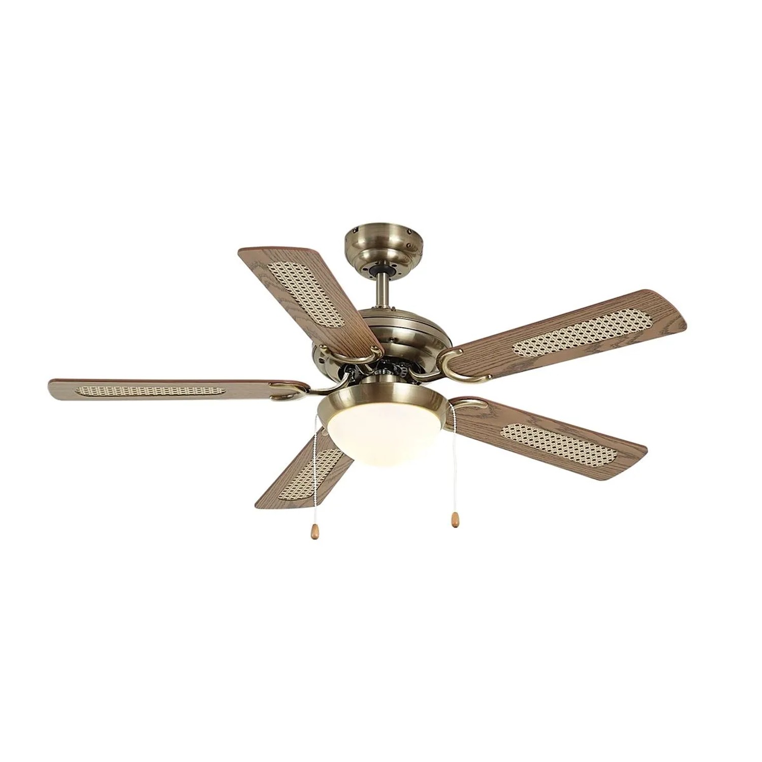 QAZQA DeckenventilaTor Messing mit Holzprint und Rattan 105cm mit Zugschalter Mistral Majas