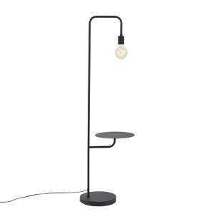 Moderne, schwarze Stehlampe mit rundem Tisch, ideal als Innenleuchte im Wohnzimmer.
