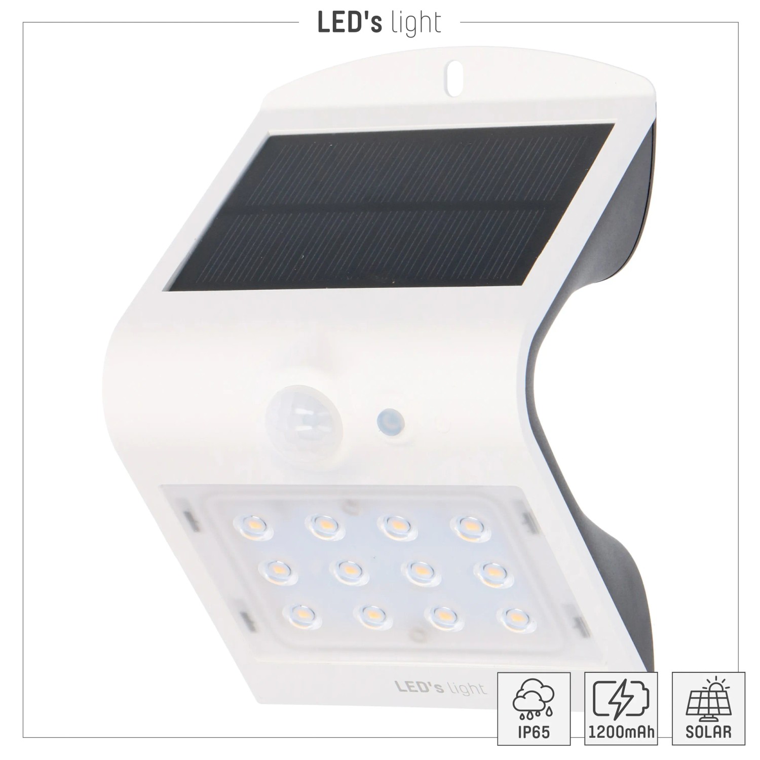 Weiße LED Solar-Außenleuchte mit Sensor, 220 Lumen, für Wandmontage.