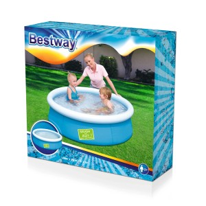 Verpackung des Bestway Kinderpool My First Fast Set Pool, Ø 152 cm, mit Kindern im Pool.