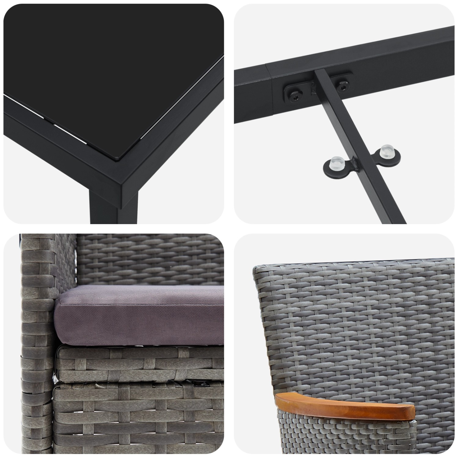 Detailansichten der grauen vidaXL Garten Essgruppe: Tischplatte, Gestell, Sitz mit Kissen und Armlehne.