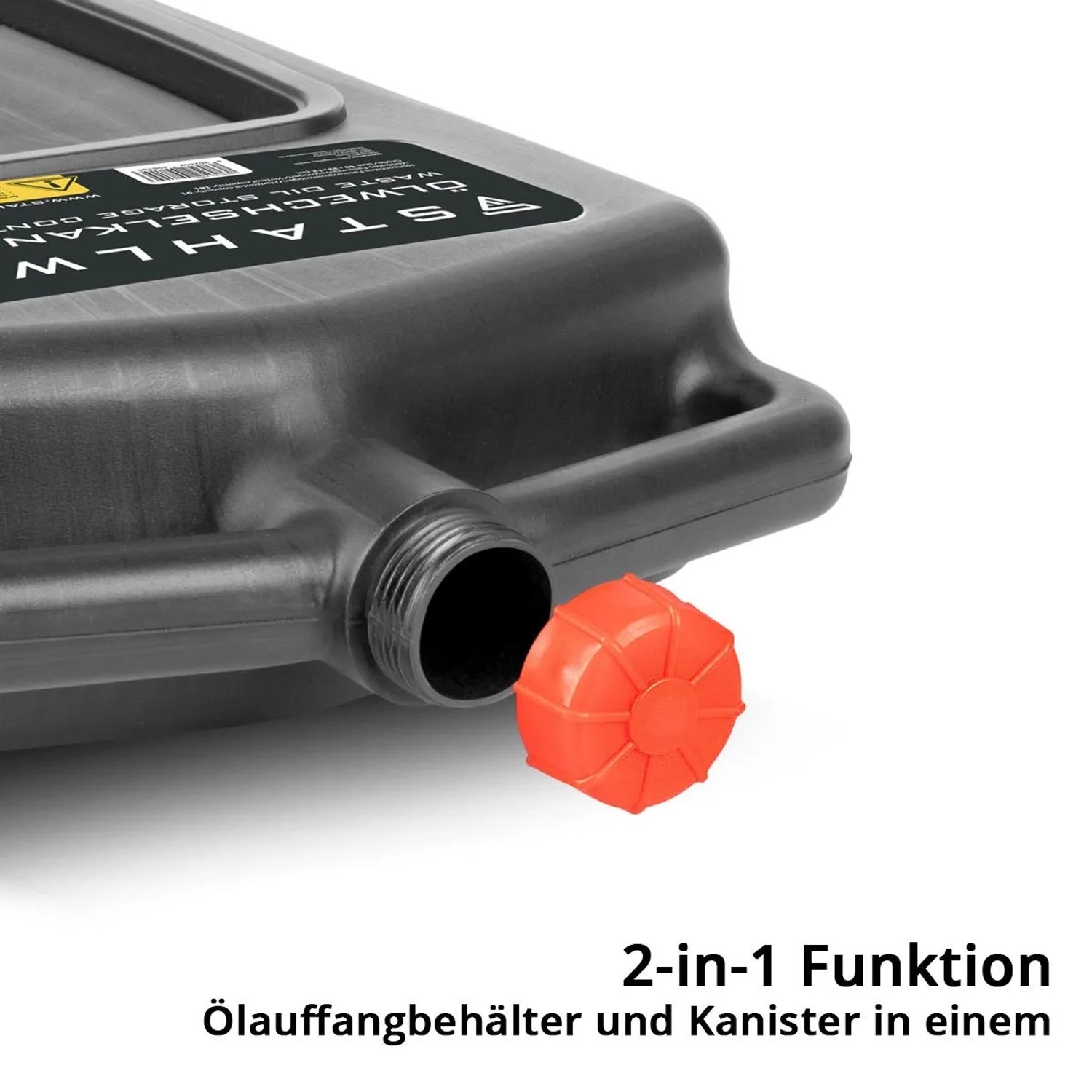 STAHLWERK 2-in-1 Ölwechselkanister, flache Ölauffangwanne mit orangefarbenem Verschluss.