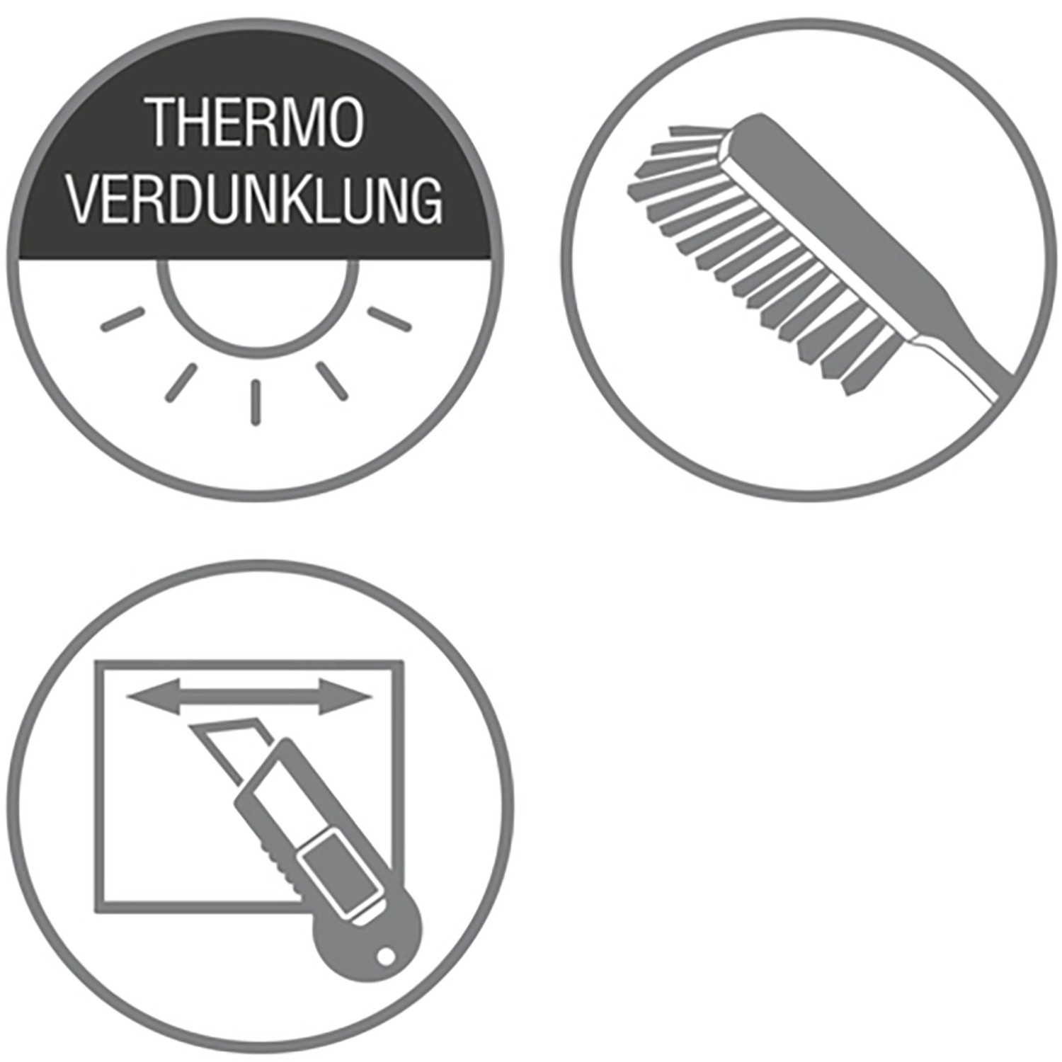 Symbole für Thermo, Verdunklung, einfache Montage und Reinigung des Gardinia Rollos.