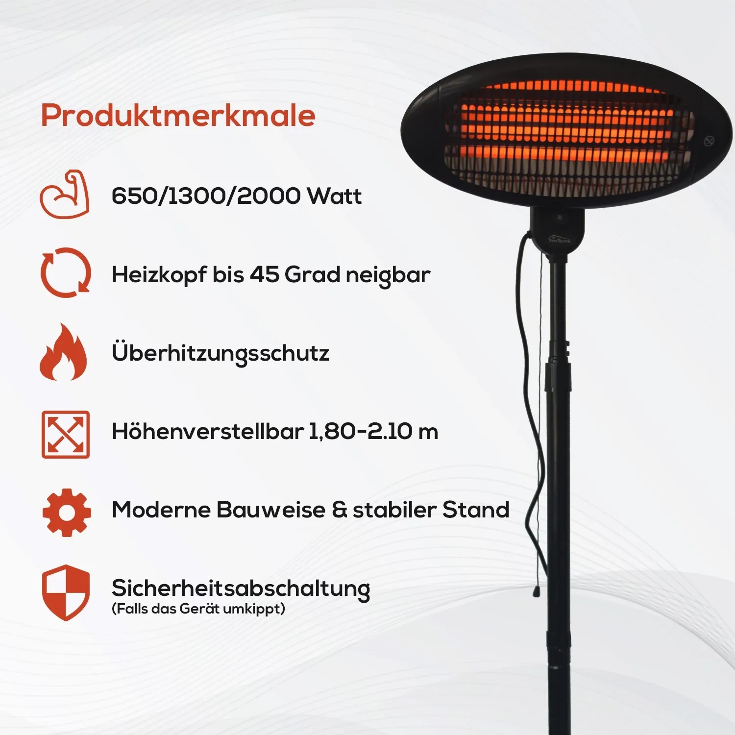 Schwarzer TroniTechnik Quarz-Heizstrahler mit Teleskopstange, 2000 Watt für Terrasse.