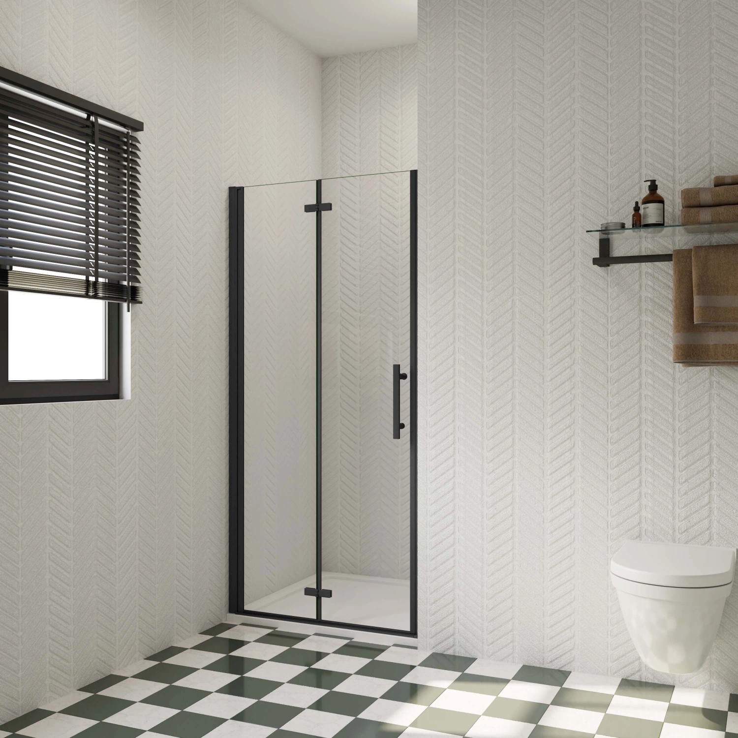 Schwarze AICA Nischentür, 76cm breit, 185cm hoch, mit ESG Glas in moderner Dusche.