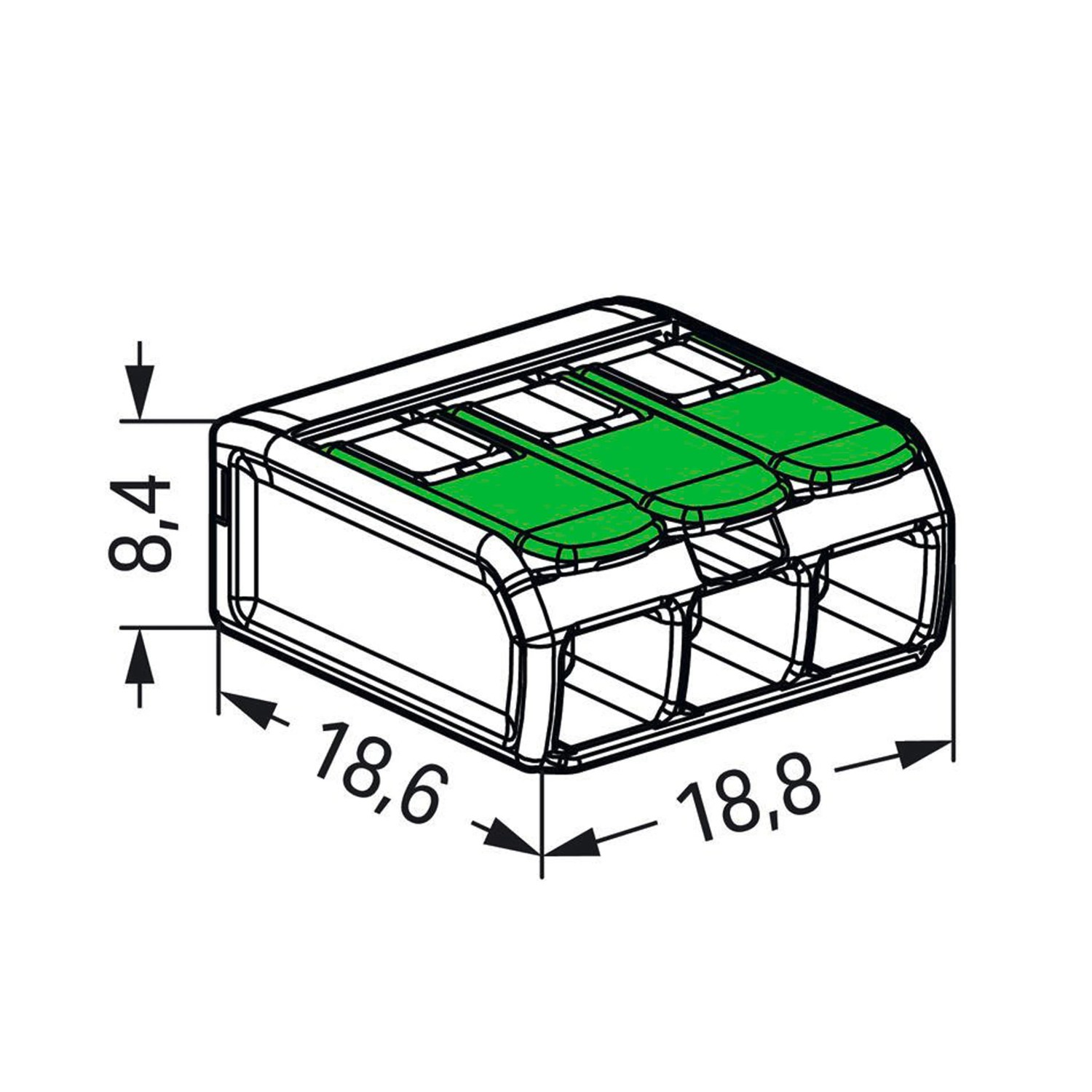Wago Verbindungsklemme 221-423, 3-Leiter Klemme mit Hebel, 12 Stück, Abmessungen sichtbar.